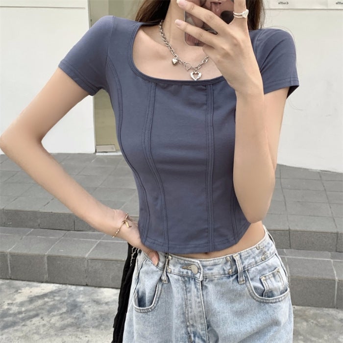 463# real shot real price (6535 pull frame) fishbone square collar design short sleeve T-shirt women's slim solid color - Image 1