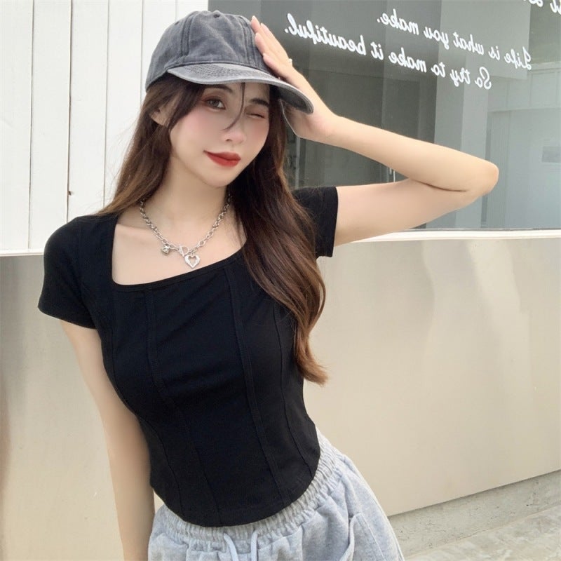 463# real shot real price (6535 pull frame) fishbone square collar design short sleeve T-shirt women's slim solid color - Image 3