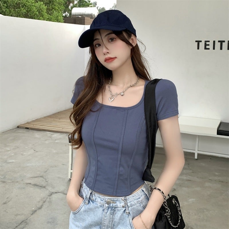 463# real shot real price (6535 pull frame) fishbone square collar design short sleeve T-shirt women's slim solid color - Image 4