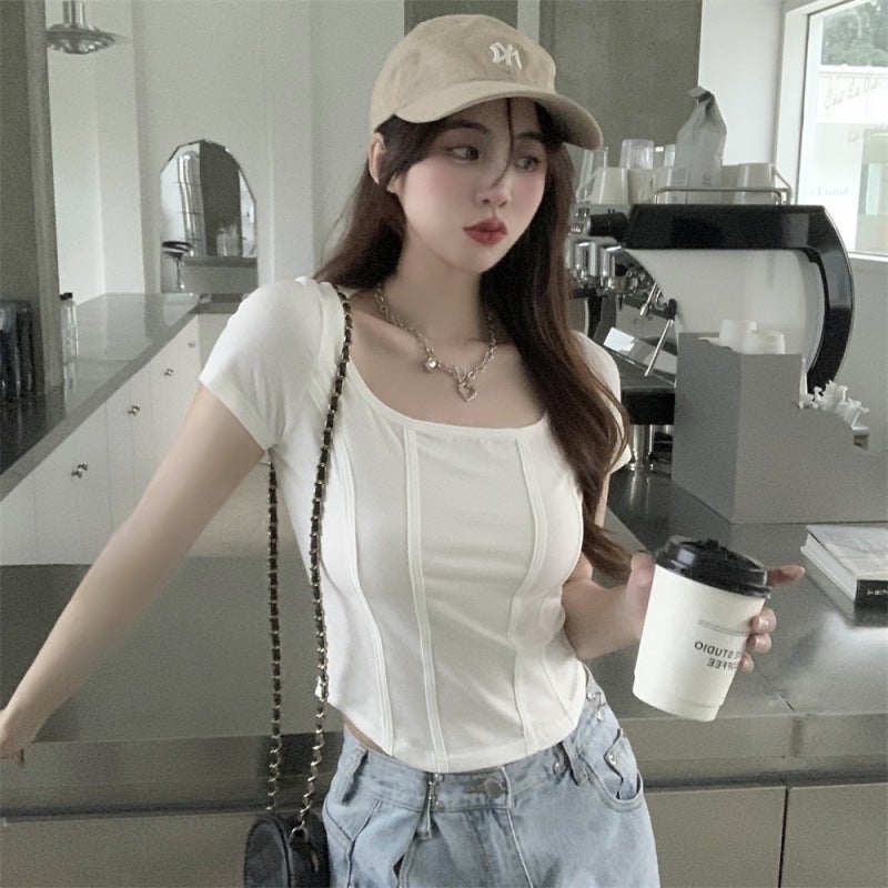 463# real shot real price (6535 pull frame) fishbone square collar design short sleeve T-shirt women's slim solid color - Image 5
