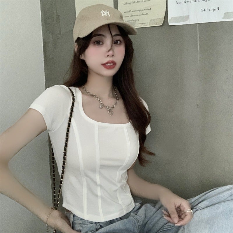463# real shot real price (6535 pull frame) fishbone square collar design short sleeve T-shirt women's slim solid color - Image 2