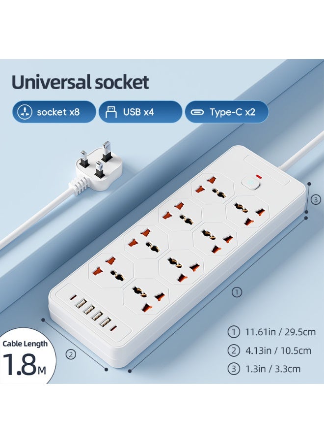 سلك تمديد كهربائي 14 في 1 - مزود بـ 8 منافذ طاقة تيار متردد، و4 منافذ USB، ومنفذين من النوع C. يدعم هذا السلك المتين بطول 1.8 متر طاقة تصل إلى 2500 واط (110-250 فولت)، مما يوفر حلاً آمناً ومتعدد الاستخدامات لشحن أجهزتك الإلكترونية. - Image 1