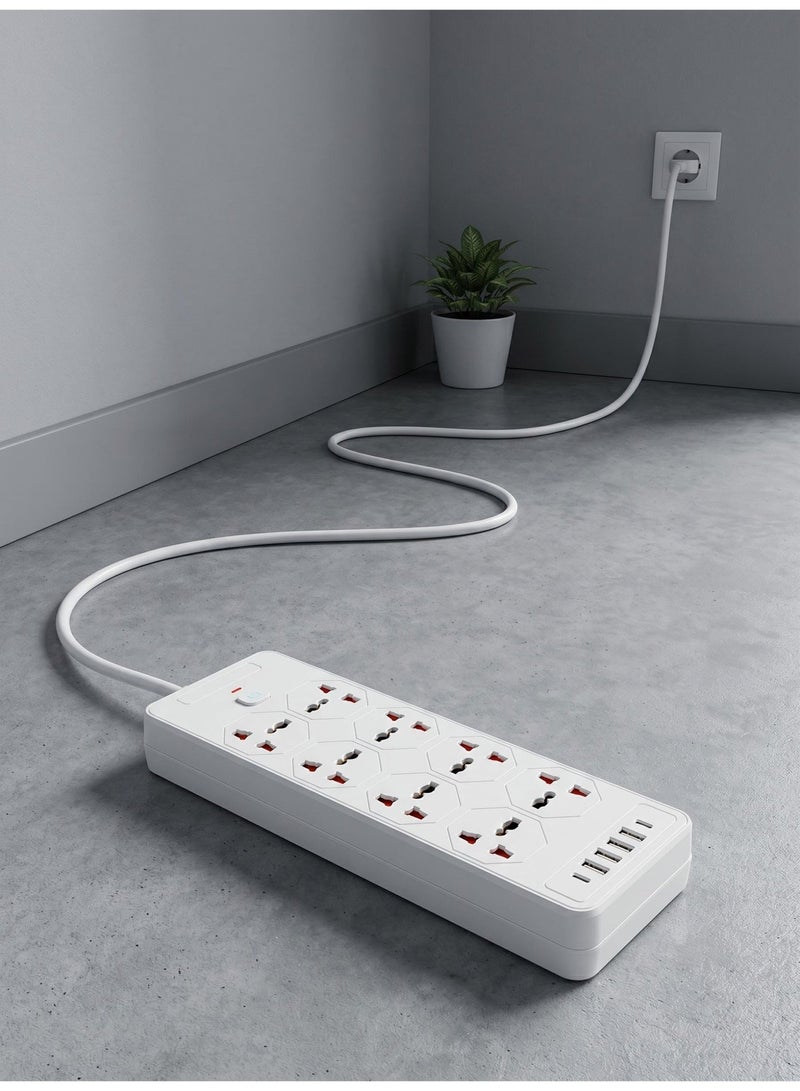 سلك تمديد كهربائي 14 في 1 - مزود بـ 8 منافذ طاقة تيار متردد، و4 منافذ USB، ومنفذين من النوع C. يدعم هذا السلك المتين بطول 1.8 متر طاقة تصل إلى 2500 واط (110-250 فولت)، مما يوفر حلاً آمناً ومتعدد الاستخدامات لشحن أجهزتك الإلكترونية. - Image 4