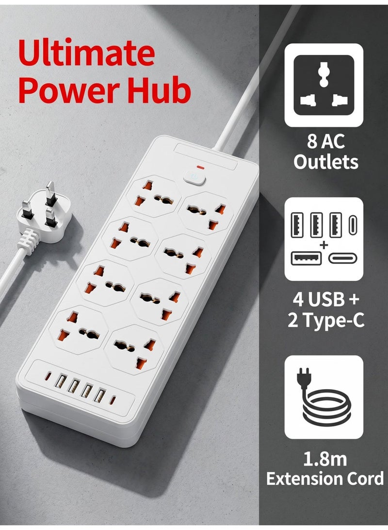 سلك تمديد كهربائي 14 في 1 - مزود بـ 8 منافذ طاقة تيار متردد، و4 منافذ USB، ومنفذين من النوع C. يدعم هذا السلك المتين بطول 1.8 متر طاقة تصل إلى 2500 واط (110-250 فولت)، مما يوفر حلاً آمناً ومتعدد الاستخدامات لشحن أجهزتك الإلكترونية. - Image 2