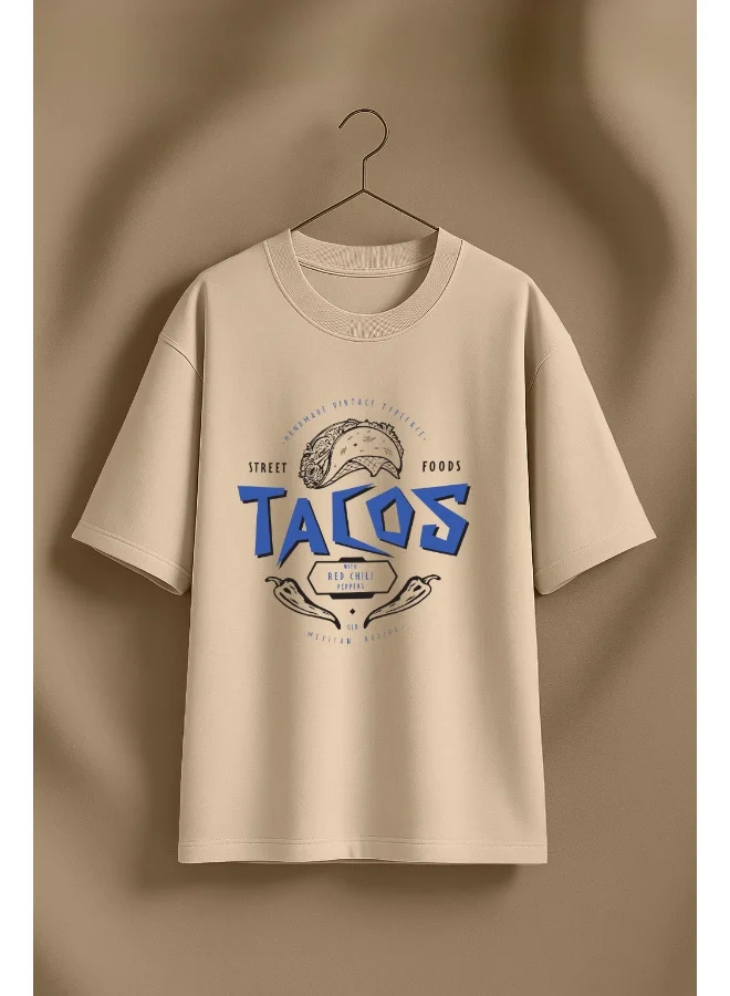 Juneberry JUNEBERRY® 100% Pure Cotton Oversized Baggy Fit Round Neck T-Shirt for Women & Girls (Sizes: S to 2XL) (OS_JB_TACOS05_SW_XL)