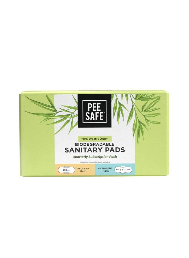 PEESAFE Pee Safe 100% Organic Cotton Biodegradable Sanitary Pads, Quarterly Pack (Pack Of 14 Regular & 18 Overnight Pads) |Anti-Bacterial | Superb Absorbency | Skin Friendly|Comfortable  - Image 1