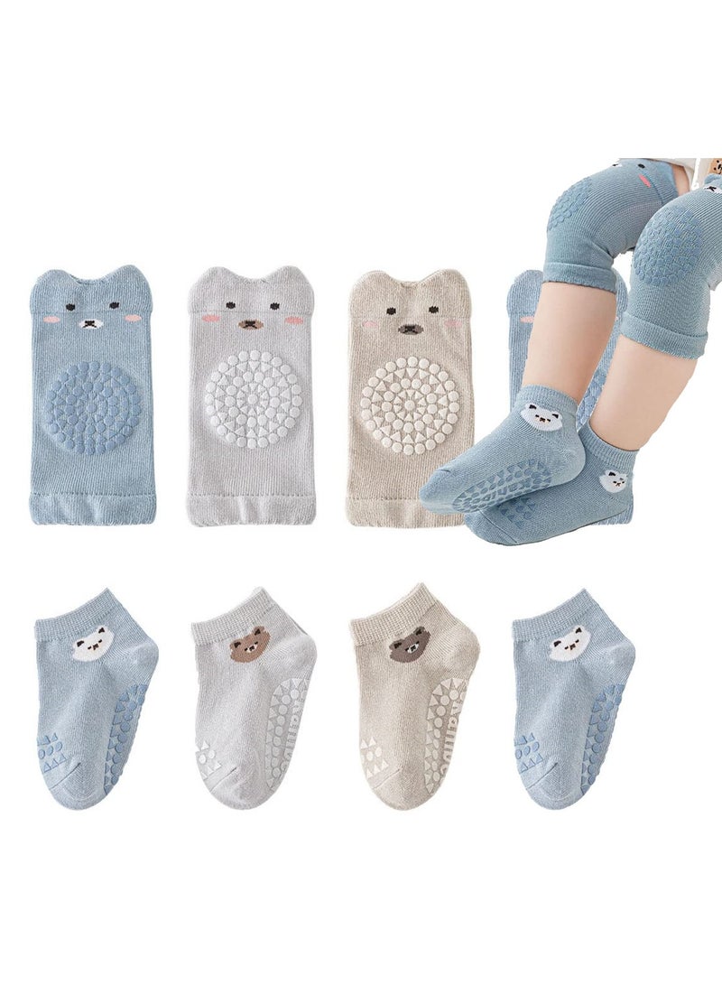 KASTWAVE Baby Crawling Baby Socks 4 Pair and Baby Knee Pads 4 Pair Boys Girls Crawling Pads Non-Slip Socks 1-3 Years Old - Image 1