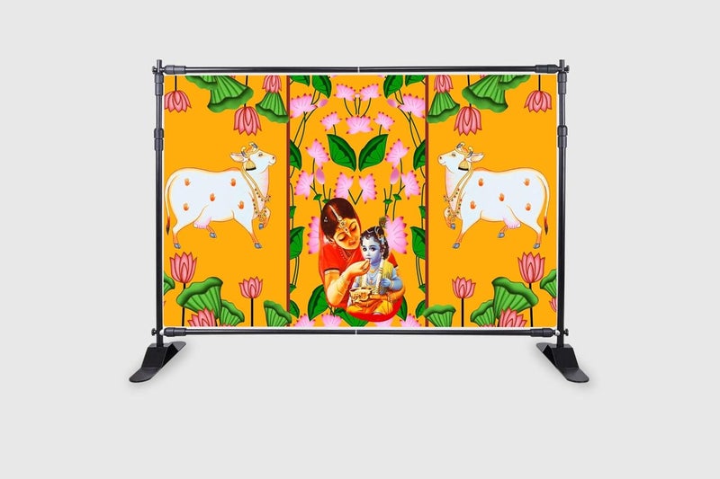 Backdropon ستارة خلفية بتصميم ياشودا ماتا مع اللورد كريشنا لتزيين البوجا خلفية تقليدية للعيد بحجم 5 أقدام ارتفاع و8 أقدام عرض (5 * 8) - Image 2