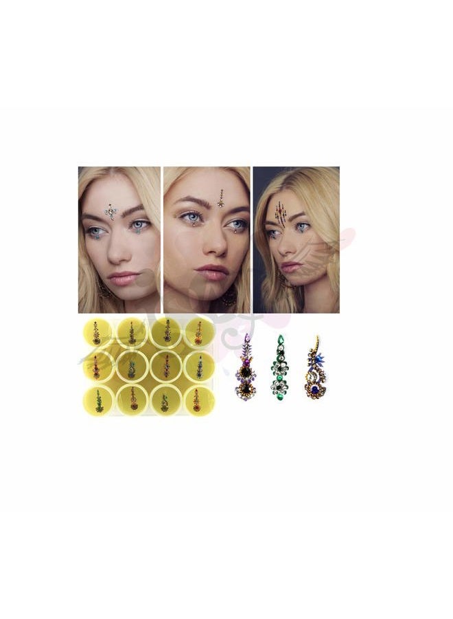 IS4A Long Multicolored Crystal Bindis Tattoo Stickers Adhesive Body Jewelry Multi Size Forehead Indian Daily Use Bindi (Set of 12) - Image 2