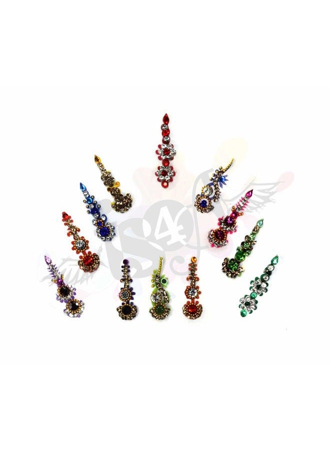 IS4A Long Multicolored Crystal Bindis Tattoo Stickers Adhesive Body Jewelry Multi Size Forehead Indian Daily Use Bindi (Set of 12) - Image 3