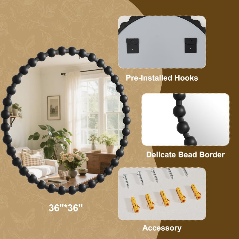 Easly Round Mirror for Wall, 36 Inch Black Beaded Frame Decorative Vanity Mirror, Circle Bathroom Mirror with High-Definition Lense, Modern Wall Decor for Bathroom, Living Room, Bedroom, Entryway - Image 4