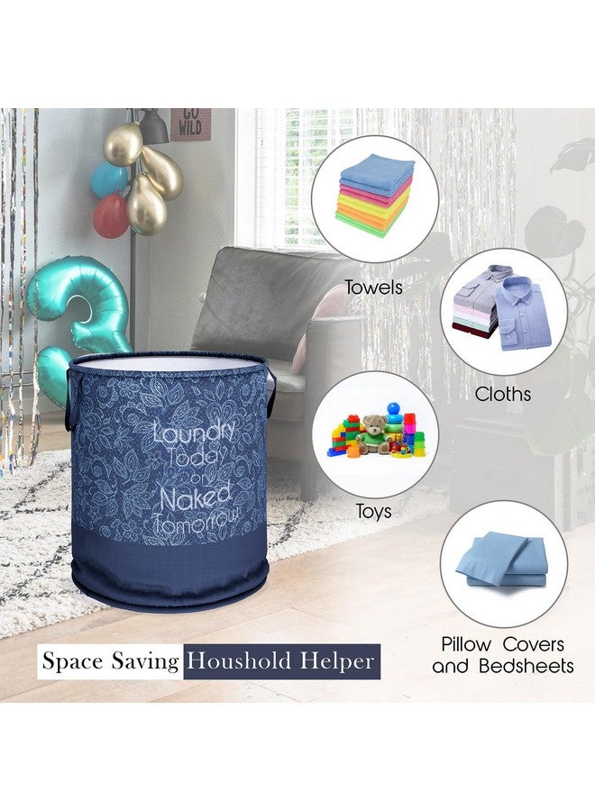Kuber Industries Laundry Basket | 45 LTR | Non-Woven Round Laundry Basket | Clothes Storage Hamper | Foldable Laundry Bag with Handle | Toy Storage Basket | Flower-Print | Navy Blue - Image 4