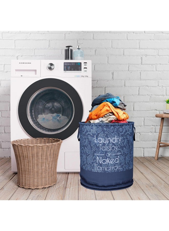 Kuber Industries Laundry Basket | 45 LTR | Non-Woven Round Laundry Basket | Clothes Storage Hamper | Foldable Laundry Bag with Handle | Toy Storage Basket | Flower-Print | Navy Blue - Image 2