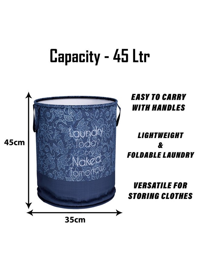 Kuber Industries Laundry Basket | 45 LTR | Non-Woven Round Laundry Basket | Clothes Storage Hamper | Foldable Laundry Bag with Handle | Toy Storage Basket | Flower-Print | Navy Blue - Image 3