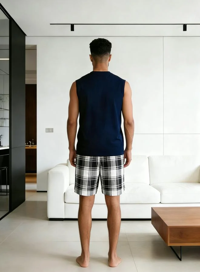 Take Two Dark Blue Men Printed Round Neck Tank and Checked Shorts Set for Men | Best Price UAE