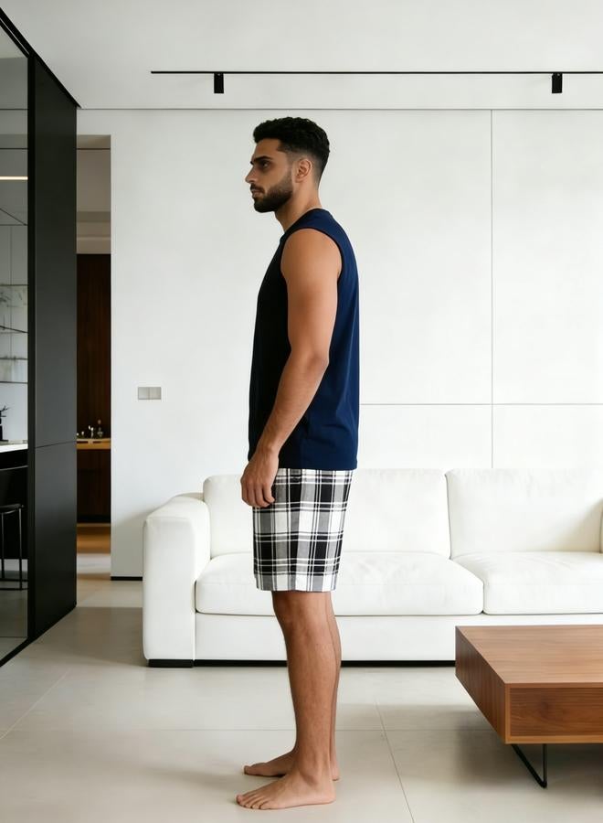 تايك تو مجموعة من شورت كاروهات وبلوزة بلا أكمام مطبوعة للرجال - Image 2