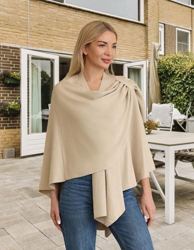 PULI Womens Cream Large Cross Front Poncho Sweater Wrap Topper Knitted Elegant Shawls Cape for Fall Winter - Image 2