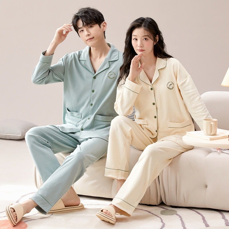 Couple Pajamas Spring/Autumn Long Sleeve Cardigan Set - Cotton, High-End Polo Collar