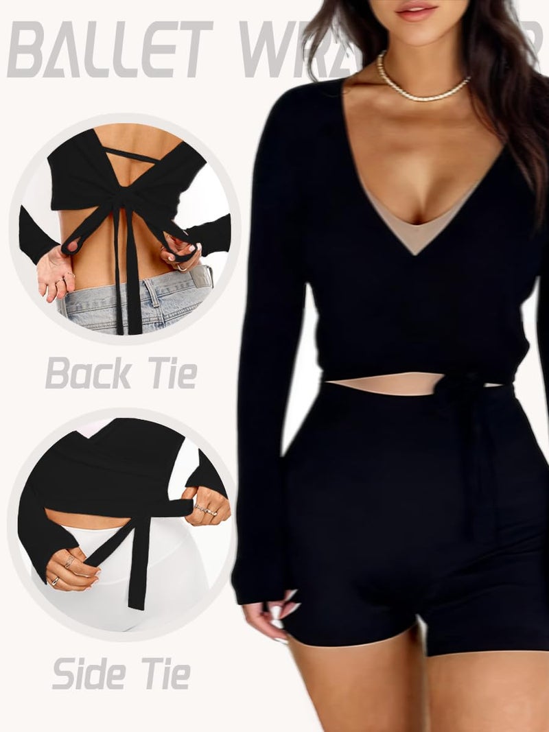 Danysu Women's Sexy Pilates Yoga Tops Long Sleeve Crop Workout Outfits for Gym 2025 Trendy Athleisure Shirts Black XS - Image 3