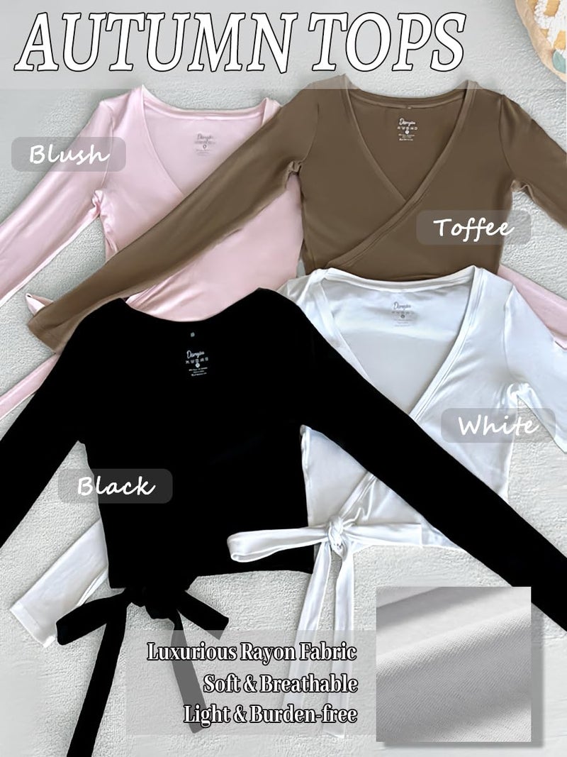 Danysu Women's Sexy Pilates Yoga Tops Long Sleeve Crop Workout Outfits for Gym 2025 Trendy Athleisure Shirts Black XS - Image 4