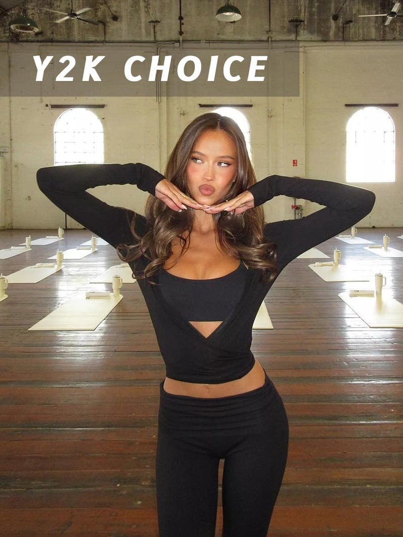 Danysu Women's Sexy Pilates Yoga Tops Long Sleeve Crop Workout Outfits for Gym 2025 Trendy Athleisure Shirts Black XS - Image 2