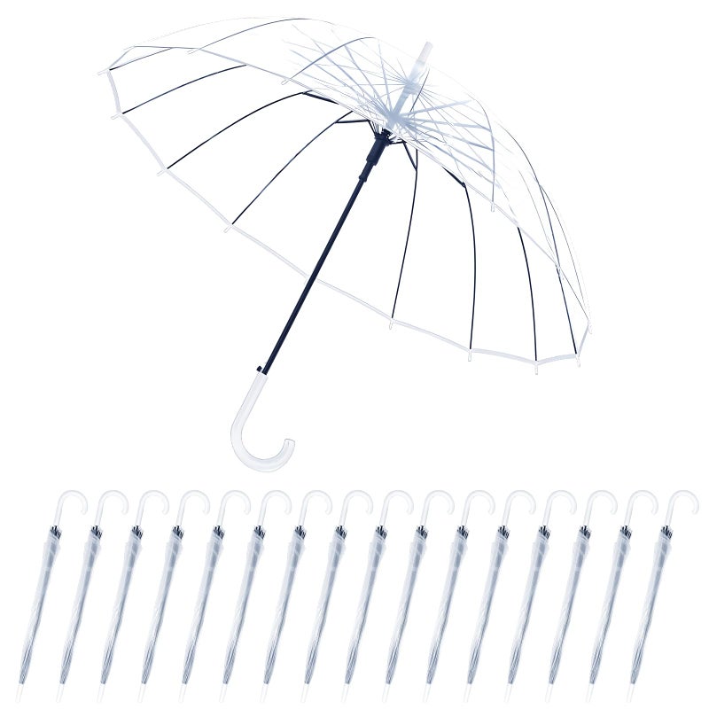 Kvittra 16 Pack Clear Wedding Umbrellas, Bulk Transparent Auto Open Stick Umbrellas, Waterproof Large Canopy Umbrella with White J Hook Handle for Wedding Bride Groom Photography Golf Outdoor - Image 1