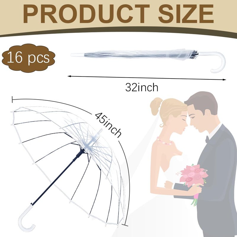 Kvittra 16 Pack Clear Wedding Umbrellas, Bulk Transparent Auto Open Stick Umbrellas, Waterproof Large Canopy Umbrella with White J Hook Handle for Wedding Bride Groom Photography Golf Outdoor - Image 2