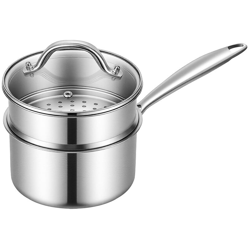 Ohtomber Tri-Ply Steamer for Cooking - Stainless Steel 3 Qt Saucepan with Lid, Medium Kitchen Induction Cooking Pot with Vegetable Food Steamer Basket, Non Stick Sauce Pan with Stay-Cool Handle - Image 1