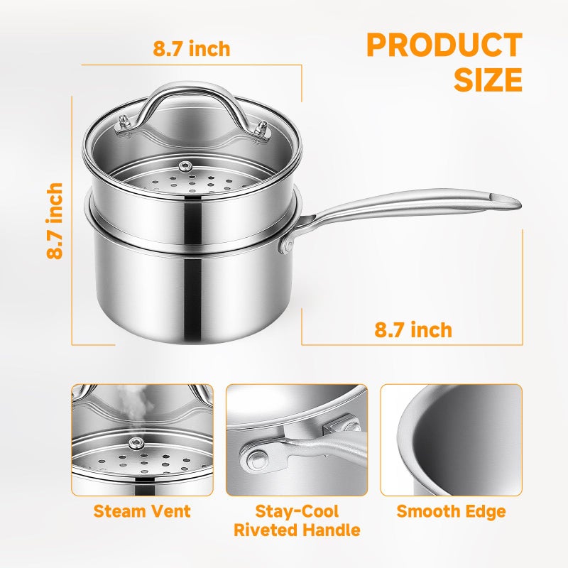 Ohtomber Tri-Ply Steamer for Cooking - Stainless Steel 3 Qt Saucepan with Lid, Medium Kitchen Induction Cooking Pot with Vegetable Food Steamer Basket, Non Stick Sauce Pan with Stay-Cool Handle - Image 2