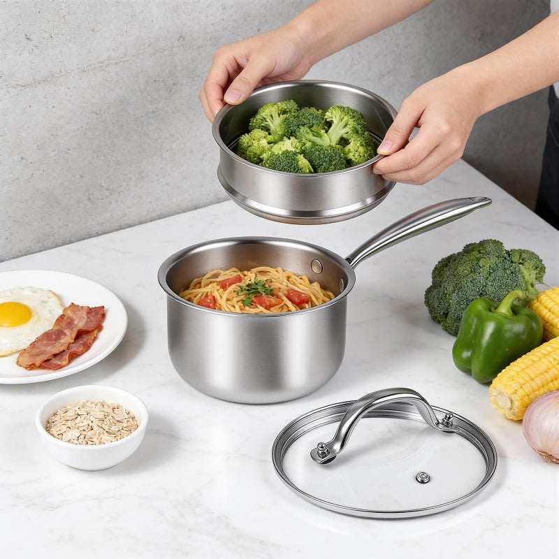 Ohtomber Tri-Ply Steamer for Cooking - Stainless Steel 3 Qt Saucepan with Lid, Medium Kitchen Induction Cooking Pot with Vegetable Food Steamer Basket, Non Stick Sauce Pan with Stay-Cool Handle - Image 3