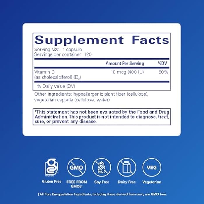 Pure Encapsulations Vitamin D3 10 mcg (400 IU) | Hypoallergenic Support for Bone, Breast, Cardiovascular, Colon and Immune Health | 120 Capsules - Image 2