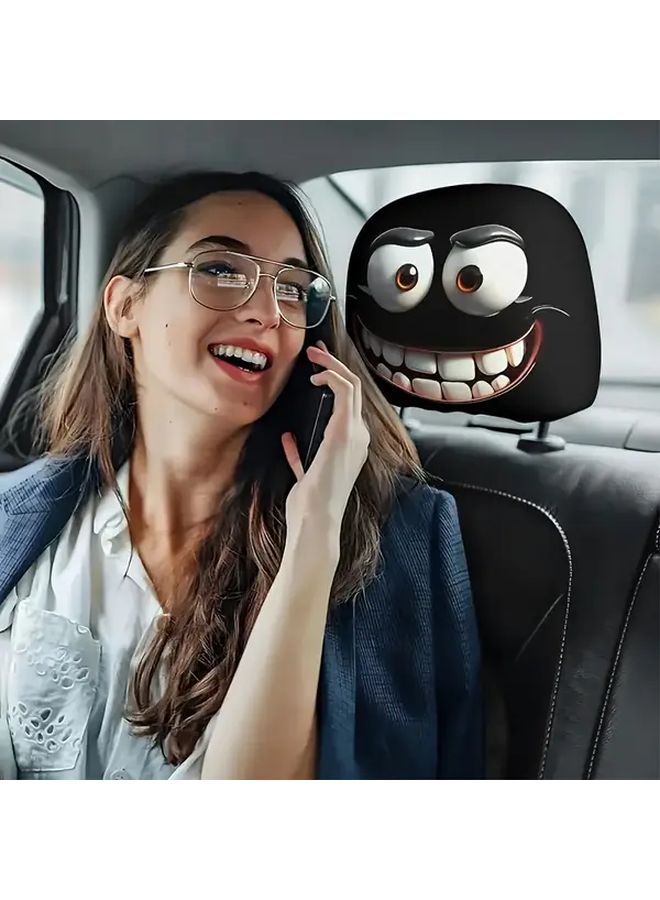 Funny Car Headrest Cover Big Eyes Cartoon Print Stretch Universal 2pcs Set Seat Cover Style 2 - Image 2