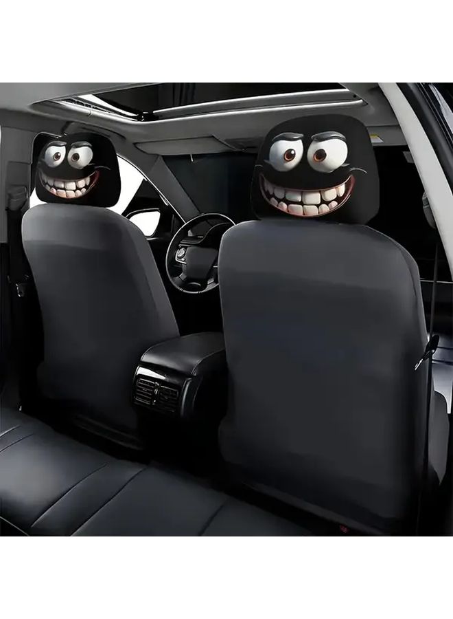 Funny Car Headrest Cover Big Eyes Cartoon Print Stretch Universal 2pcs Set Seat Cover Style 2 - Image 3