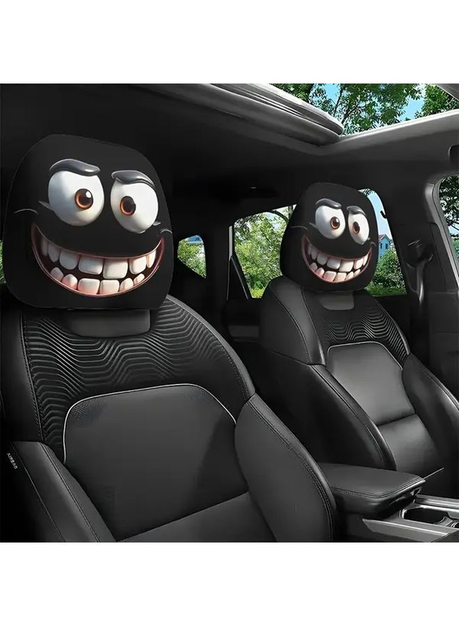 Funny Car Headrest Cover Big Eyes Cartoon Print Stretch Universal 2pcs Set Seat Cover Style 2 - Image 1
