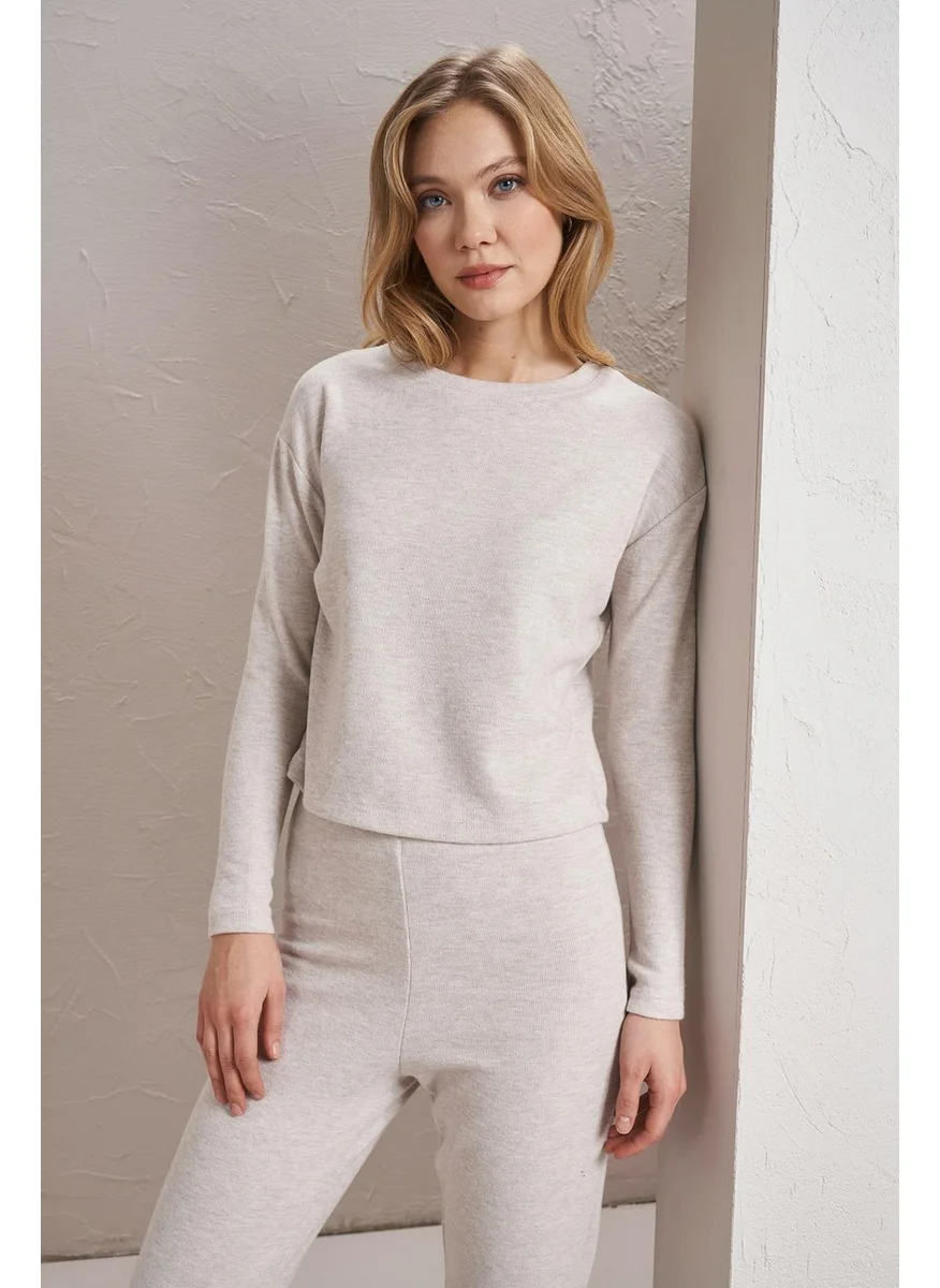 Tena Women's Beige Melange Crew Neck Selanik Fabric Basic Sweatshirt