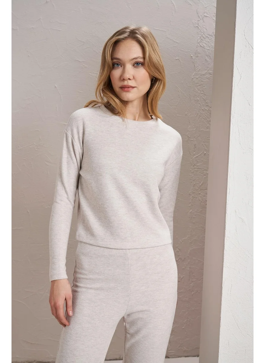 Tena Women's Beige Melange Crew Neck Selanik Fabric Basic Sweatshirt