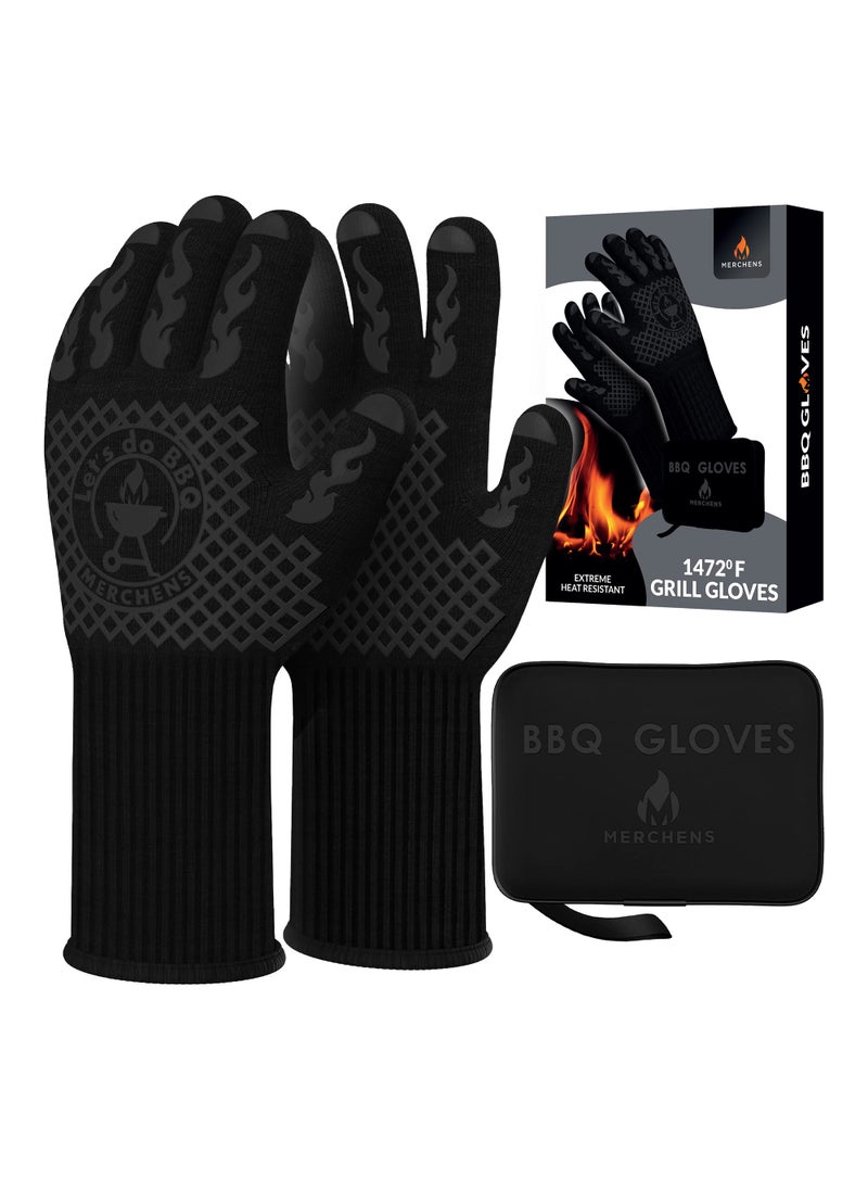 M MERCHENS ProSeries BBQ Gloves  Heat Resistant Grill Grilling and Oven Gloves for Culinary Experts  Extreme Fireproof Protection Silicone Grip Extra Long Mitts  Indoor  Outdoor  with Protective case 