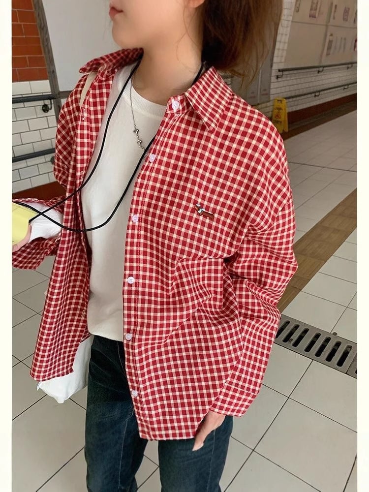 [Direct Delivery From The Source Manufacturer] Plaid Retro Sausage Red Puppy Embroidered Long-Sleeved Shirt Casual Shirt - Image 2