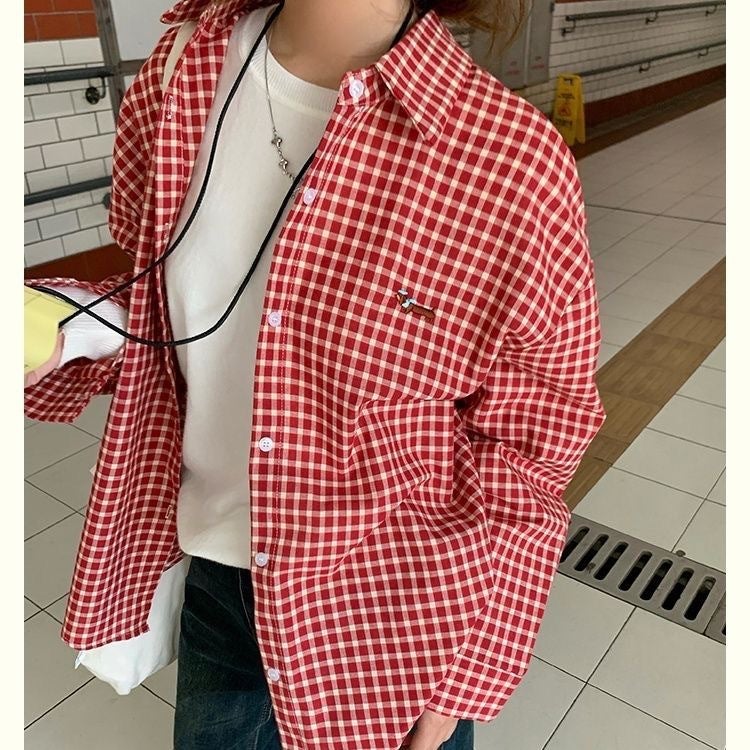 [Direct Delivery From The Source Manufacturer] Plaid Retro Sausage Red Puppy Embroidered Long-Sleeved Shirt Casual Shirt - Image 1