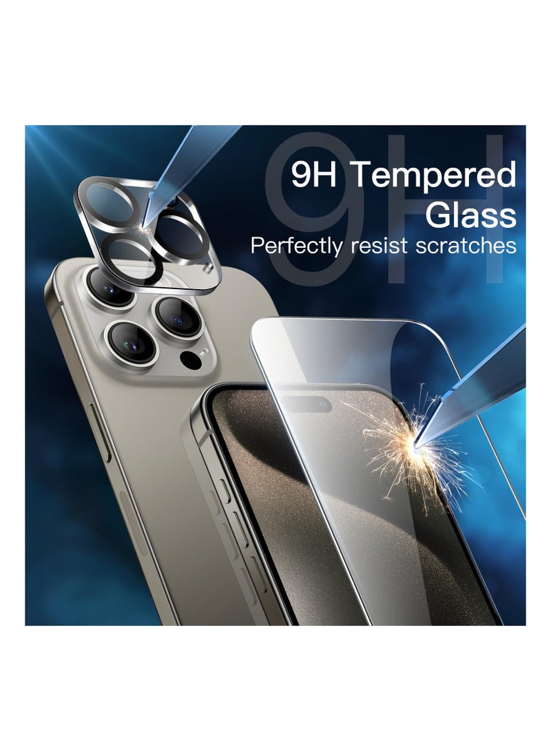 جي تيك واقي شاشة لهاتف iPhone 15 Pro Max مقاس 6.7 بوصة مع واقي عدسة الكاميرا، أداة سهلة التركيب، طبقة من الزجاج المقسى عالي الدقة، قطعتان لكل قطعة - Image 3