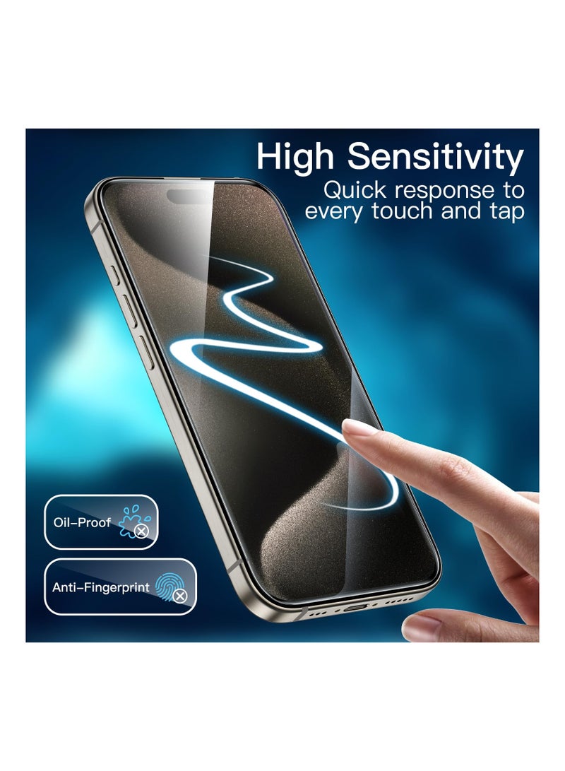 جي تيك واقي شاشة لهاتف iPhone 15 Pro Max مقاس 6.7 بوصة مع واقي عدسة الكاميرا، أداة سهلة التركيب، طبقة من الزجاج المقسى عالي الدقة، قطعتان لكل قطعة - Image 4
