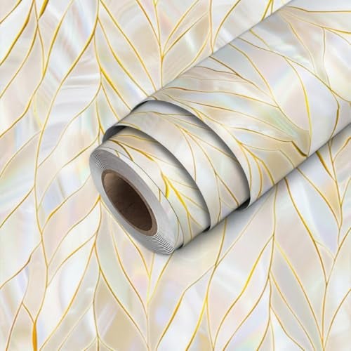 HOMETITUTE Pearl Leaf Wallpaper Peel and Stick Gold Marble Contact Paper Wall Paper Stick 177 x 1181 Removable Self Adhesive Vinyl Wall Covering for Entryway Vanity Accent Wall Decor - Image 1