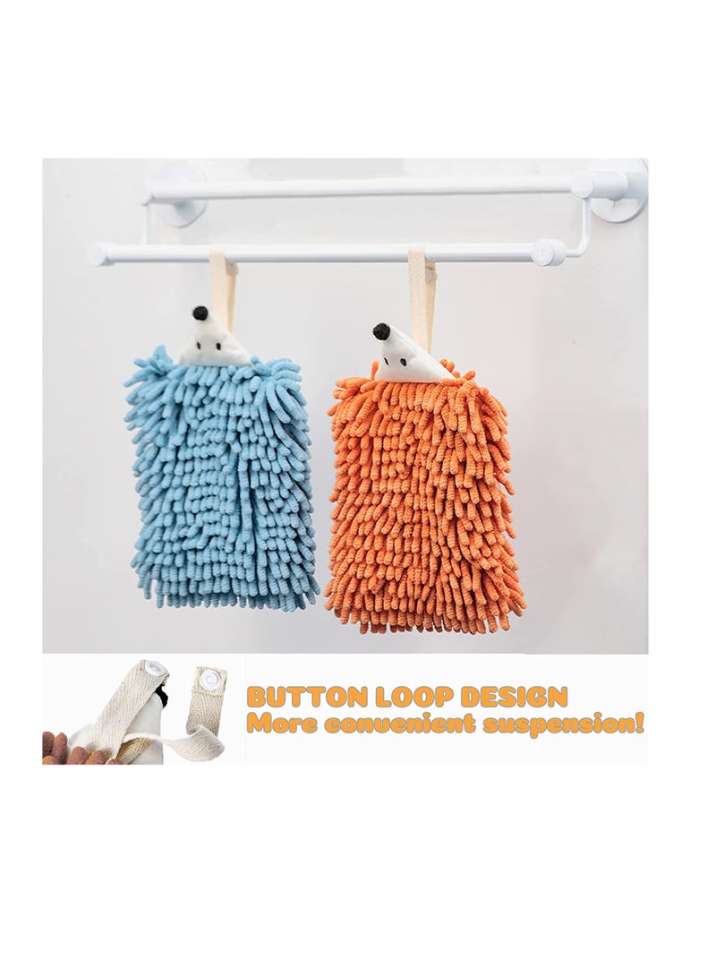 منشفة يدوية ميكروفايبر بشكل قنفذ لطيف مع حلقة زر، 2 قطعة من المناشف القابلة للامتصاص للأطفال للحمام والمطبخ - Image 2