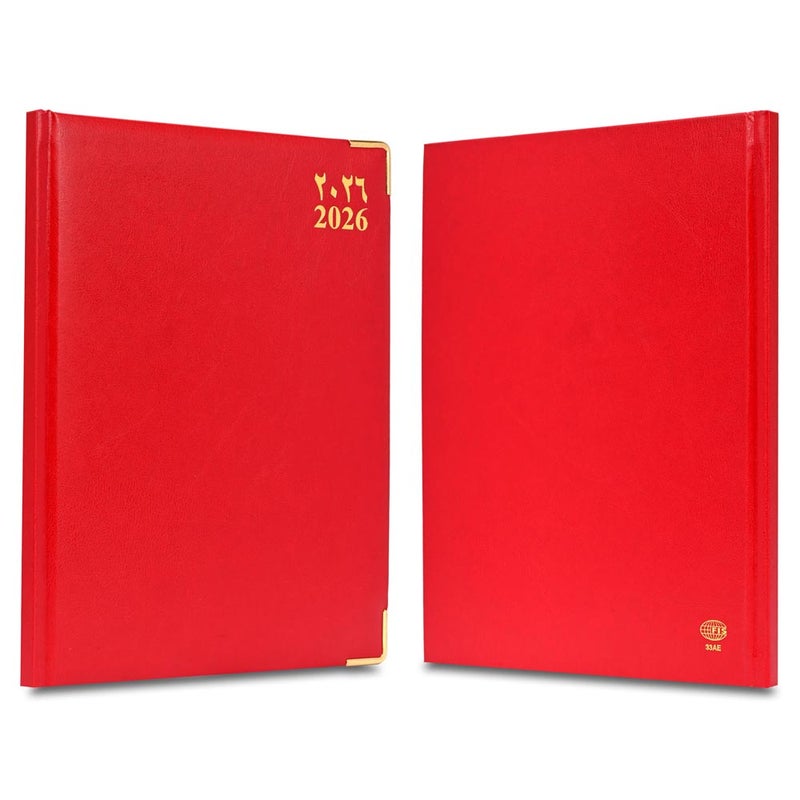 FIS 2026 Executive Diary, 210x260mm, 1 Side Padded Vinyl Cover, Golden Corners, 1 Week at a Glance, Arabic/English/French, 70gsm White Paper, Red Cover-FSDI33AE26RE - Image 2
