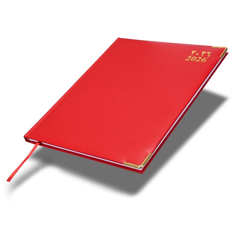FIS 2026 Executive Diary, 210x260mm, 1 Side Padded Vinyl Cover, Golden Corners, 1 Week at a Glance, Arabic/English/French, 70gsm White Paper, Red Cover-FSDI33AE26RE - Image 1