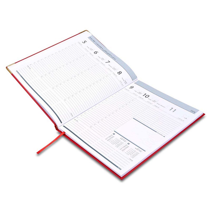 FIS 2026 Executive Diary, 210x260mm, 1 Side Padded Vinyl Cover, Golden Corners, 1 Week at a Glance, Arabic/English/French, 70gsm White Paper, Red Cover-FSDI33AE26RE - Image 3