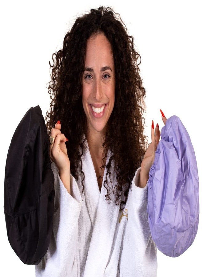 Hersome 2 Premium Shower Cap for Women - 500+ Showers, 100% Waterproof, Double-Sided, For Long Hair & Great For Curls (Anti-Frizz) (Black & Purple) - Image 1
