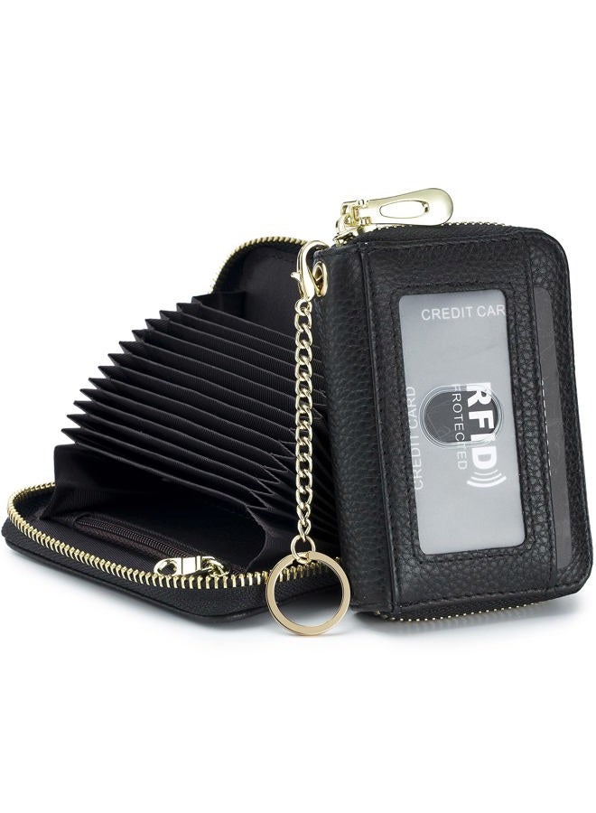 imeetu RFID Credit Card Holder, Small Leather Zipper Card Case Wallet with Removable Keychain ID Window (Black) - Image 1