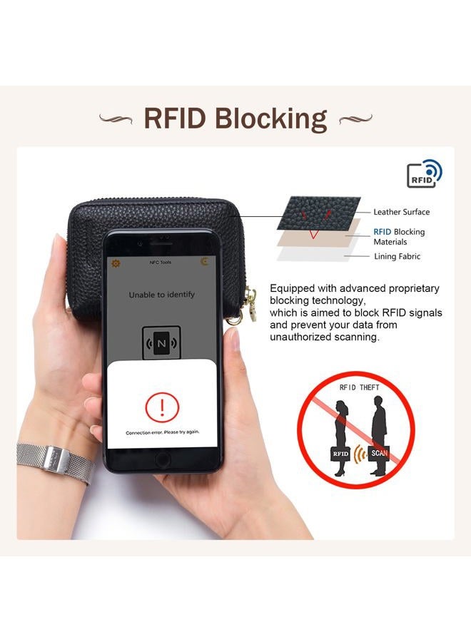 imeetu RFID Credit Card Holder, Small Leather Zipper Card Case Wallet with Removable Keychain ID Window (Black) - Image 2