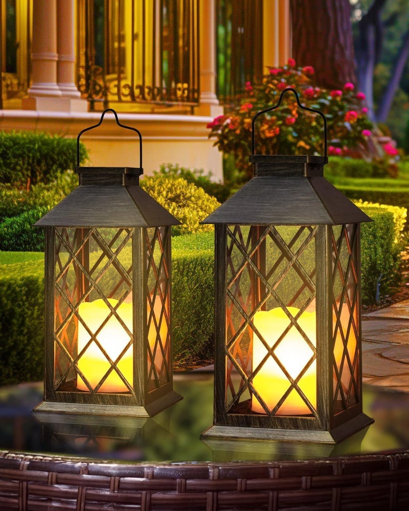 Otdair Solar Lanterns Outdoor Waterproof, 2 Pack 14" Solar Lantern with Glass Retro LED Flickering Flameless Candle,Lanterns Decorative Outdoor for Gift, Yard, Garden, Patio, Balcony,Porch, Party - Image 1